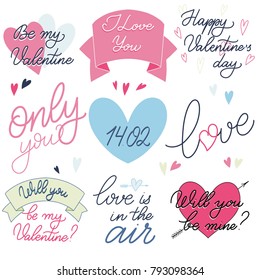 Valentine Day text set in romantic pink and blue colors, Calligraphic love lettering