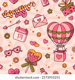 Valentine day texture featuring gift boxes, hot air balloon, arrows, roses, love letter and a love potion on pink background. Groovy vintage style.