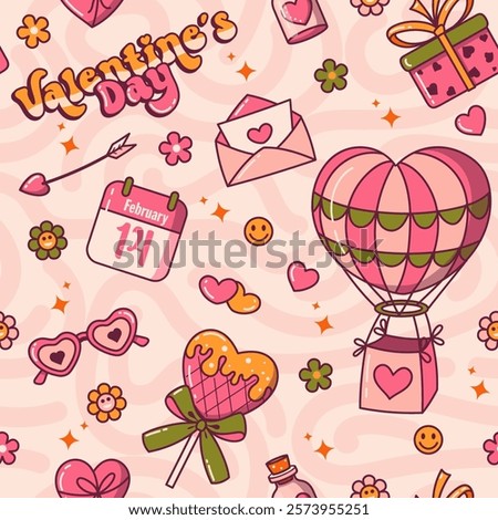 Valentine day texture featuring gift boxes, hot air balloon, arrows, roses, love letter and a love potion on pink background. Groovy vintage style.