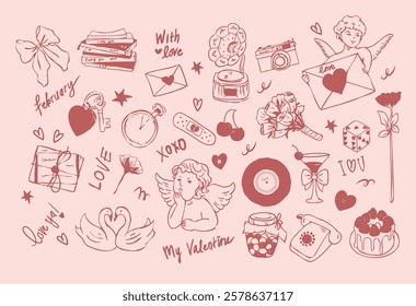 Valentine Day Themed Doodle Sketch Hand Drawn Illustration. Perfect for cards, posters, or digital projects celebrating love day and romance.