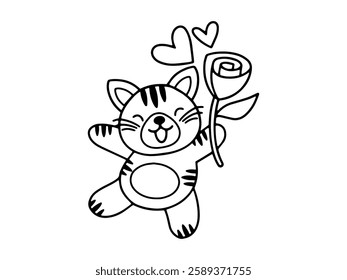 Valentine Day Tiger Holding Rose Outline