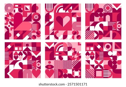 Valentine day tile background with pink geometric shapes, vector banners or posters. Valentine day modern patterns with abstract geometric hearts mosaic flowers and kiss lips with love elements