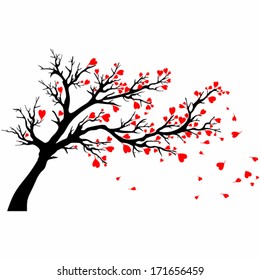 Valentine day tree. Vector tree with heart shaped leaves blown by wind.