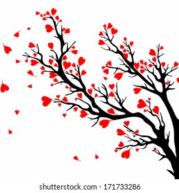 Valentine day tree. Vector tree with heart shaped leaves blown by wind.