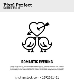 Valentine day. Two birds in love thin line icon. Pixel perfect, editable stroke. Vector illustration for romantic date, wedding.