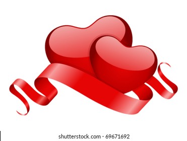 Valentine Day two hearts with red ribbon vector object as design element