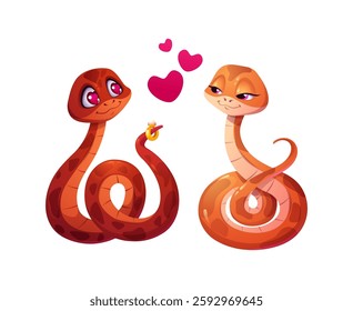 Valentine day two snakes in love. Romantic cartoon reptiles proposal. Cute male snake with heart shaped eyes holds gold ring on his tail, proposing to blushing female serpent with floating pink hearts