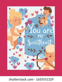 Valentine day typographic poster, vector illustration. Card template with romantic quote you are my sweetheart. Cute baby cupid and love symbols. Little angel of valentine day, cupid cartoon character