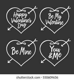 Valentine day typography badges set. All lovers holiday quotes. Be my valentine. Be mine. You and me. Vector vintage illustration.