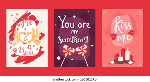 Valentine day typography banners, cards with typographic phrases and quotes, vector illustration. Romantic text for valentines day card template, love holiday. You are my sweetheart, kiss me, banner