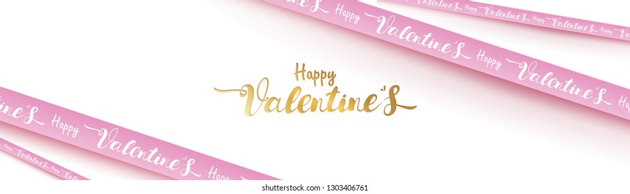 Valentine day typography combined in a shape of ribbon and text with paper art and craft style. symbols of love for Happy Women's, Mother's, Valentine's Day, birthday greeting card banner design