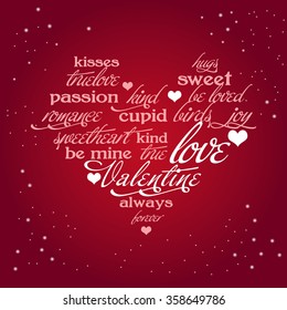 Valentine day typography design words in heart shape 