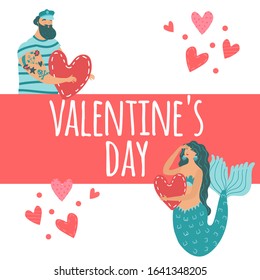 Valentine day typography postcard, man in love with mermaid, vector illustration. Hand drawn cartoon characters, sailor and mermaid romantic relationship, heart love symbol. Couple romance valentine