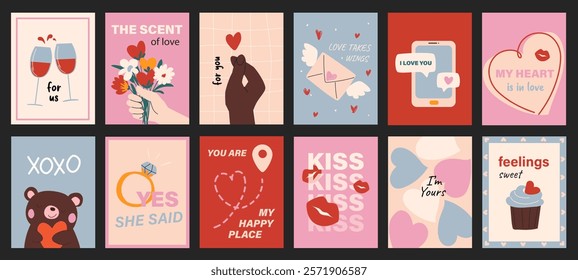 Valentine day typography template posters. Covers with love, hearts, bouquet, kiss, proposal ring, flirty message, cupcake, other. Social media banners set in retro 90s design. Vector illustration.