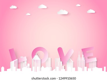 Valentine day vector background with love word, lover and cityscape concept, paper cut design