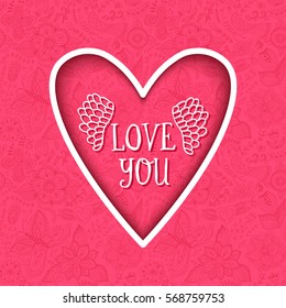 Valentine day vector background, pink greeting card.