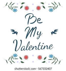 Valentine Day vector card. Birds with flowers