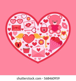 Valentine Day vector card with heart shape filled with valentine icons