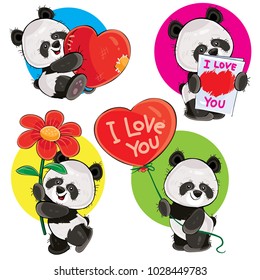 Caricatura vectorial del día de San Valentín con bonitos osos osos panda, con el corazón blando, con el amor de la tarjeta de saludo, con el globo floral y rojo aislado en el fondo. Clipart para tarjetas, pegatinas, imprimir para camisetas