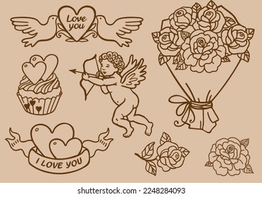 Colección vectorial de San Valentín. ilustración de línea vintage