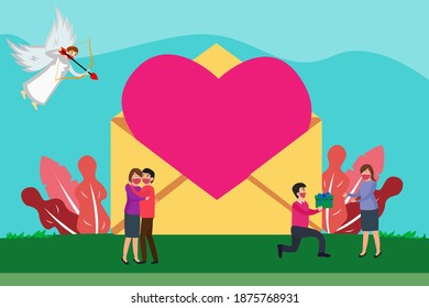 Valentine day vector concept: Group of people celebrating valentine day while wearing face mask in new normal