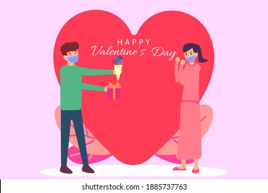Valentine day vector concept. Man in face mask giving flower and gift box to his girlfriend with heart background