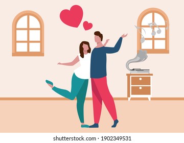 Valentine day vector concept. Romantic couple with heart symbol dancing together while listening classic music on gramophone at home