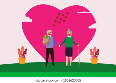 Valentine day vector concept: Senior couple celebrating valentine day while wearing face mask together