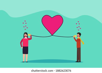 Valentine day vector concept: Young man speaks with his girlfriend with tin can phone while wearing face mask