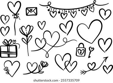 Valentine day vector doodle set, ink line art heart illustration, festive love symbol clip art design collection