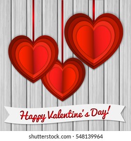 Valentine Day Vector Greeting. Red Paper Hearts on Wooden Background