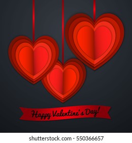 Valentine Day Vector Greeting. Red Curved Hearts on Dark Background