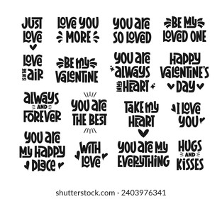 Valentine Day Vector Hand Lettering Set. Love Holiday Quotes for Valentines Day. I Love You, Love is in the Air, You are the Best, Take my Heart Quotes.