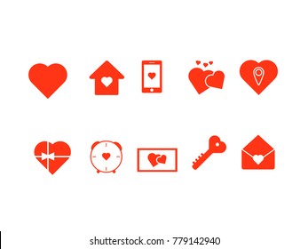Valentine day vector icons includes a heart, house, cellphone, love, location, gift, clock, frame, key and letter 