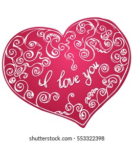 Valentine day vector illustrated hand-drawn red heart with swirls and lettering I love you for a holiday