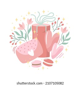Valentine day vector illustration with lettering on a white background. Creative greeting card with hand-drawn hearts and decorative elements. Elegant design for banners, posters, invitations.