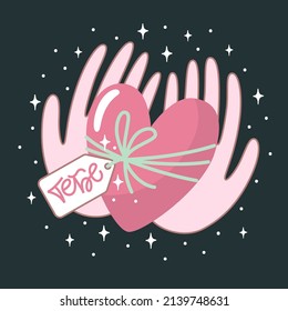 Valentine day vector illustration with lettering. Creative greeting card with hand-drawn heart and hands. Elegant design for banners, posters, invitations. Russian translation For you.