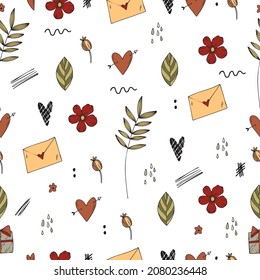 Valentine day vector illustration  mail heart flowers seamless pattern on white background