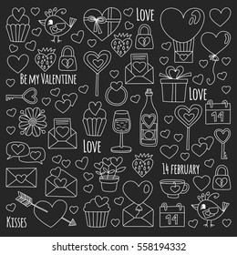 Valentine Day Vector pattern with heart, cake, balloon On blackboard backgoround
