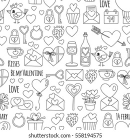 Valentine Day Vector pattern with heart, cake, balloon For invitations, coloring books, sale etc
