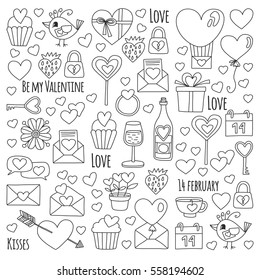 Patrón vectorial de San Valentín con corazón, torta, globo Para invitaciones, libros de colores, venta, etc