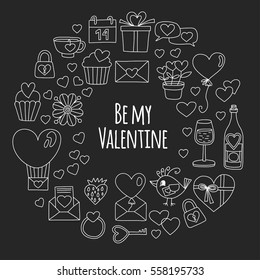 Valentine Day Vector pattern with heart, cake, balloon On blackboard backgoround