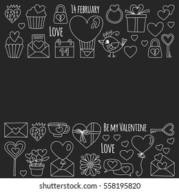Valentine Day Vector pattern with heart, cake, balloon On blackboard backgoround