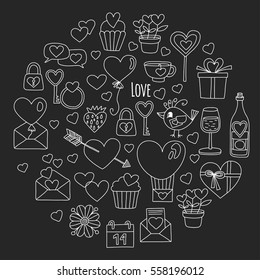 Valentine Day Vector pattern with heart, cake, balloon On blackboard backgoround