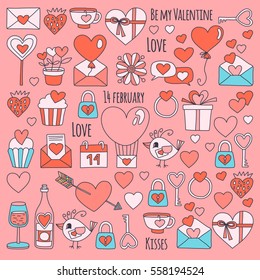 Valentine Day Vector pattern with icons of heart, cake, balloon on pink background