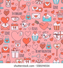 Valentine Day Vector pattern with icons of heart, cake, balloon on pink background
