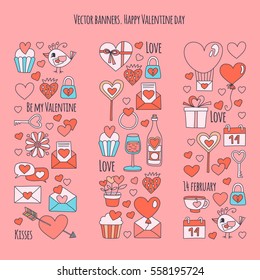 Valentine Day Vector pattern with icons of heart, cake, balloon on pink background