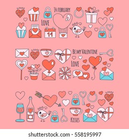 Valentine Day Vector pattern with icons of heart, cake, balloon on pink background