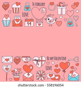 Valentine Day Vector pattern with icons of heart, cake, balloon on pink background