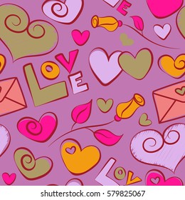 Valentine day vector pattern with love text, rose flower, hearts and letter in violet and yellow colors. Romantic floral seamless pattern.